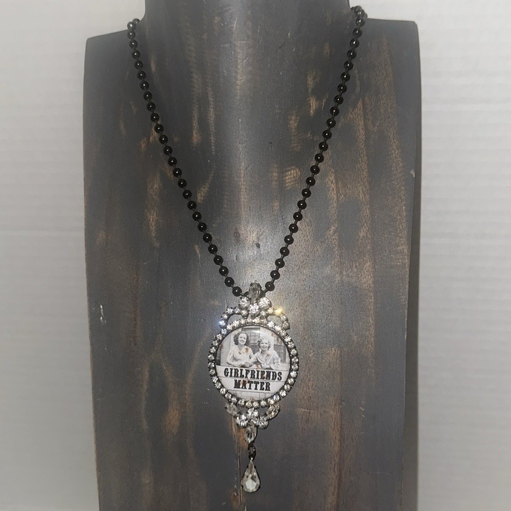 Girlfriends Matter Rhinestone Pendant Necklace Silver Tone Chain Vintage Style